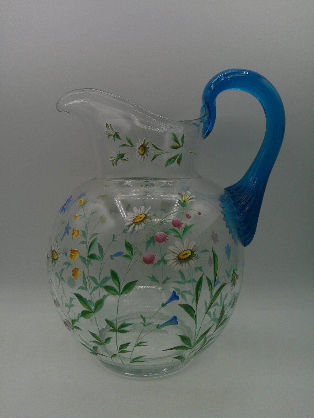 Vtg Bohemian Hand Enameled Floral & Clear Blown CrystalGlass Large Carafe H 10"
